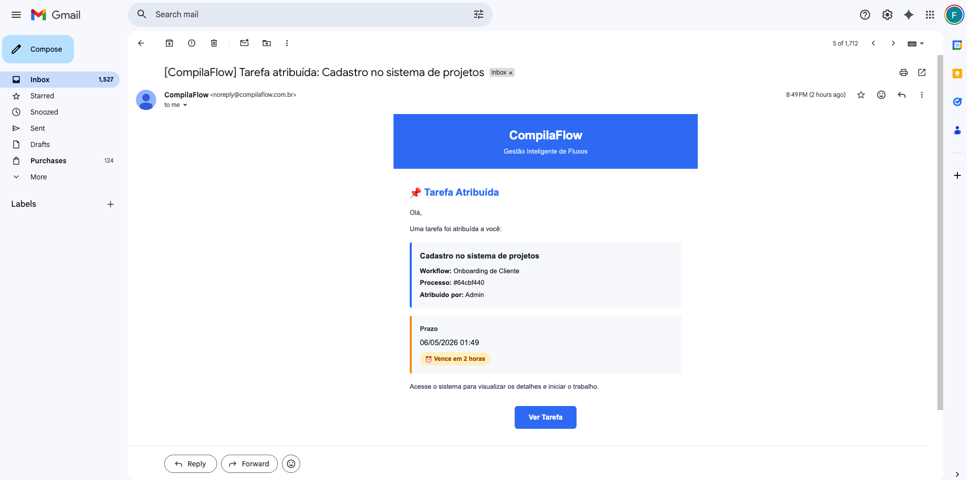 E-mail do CompilaFlow notificando tarefa atribuída com prazo e SLA