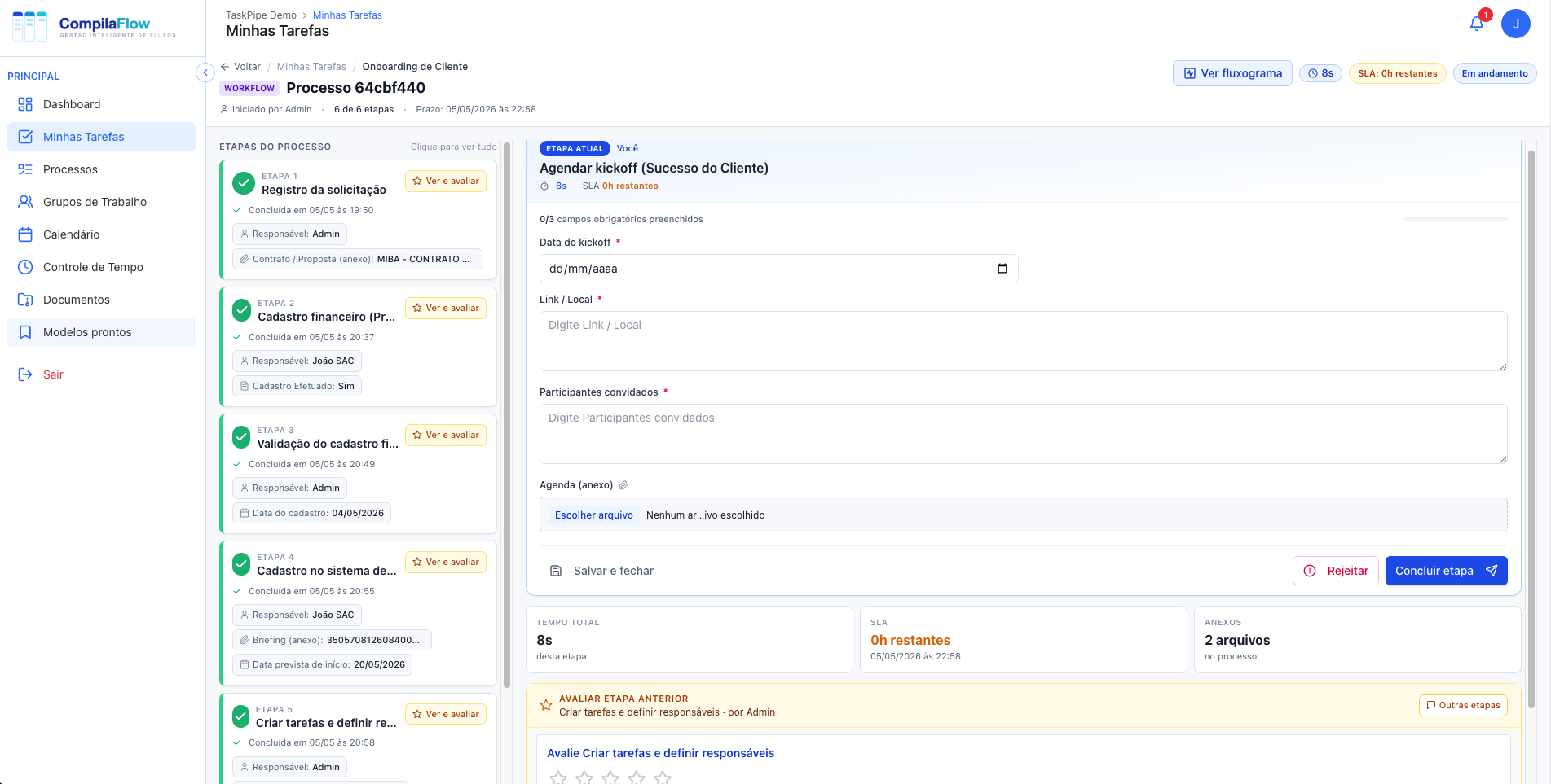 Tela de execução de etapa do CompilaFlow com avaliação e comentários