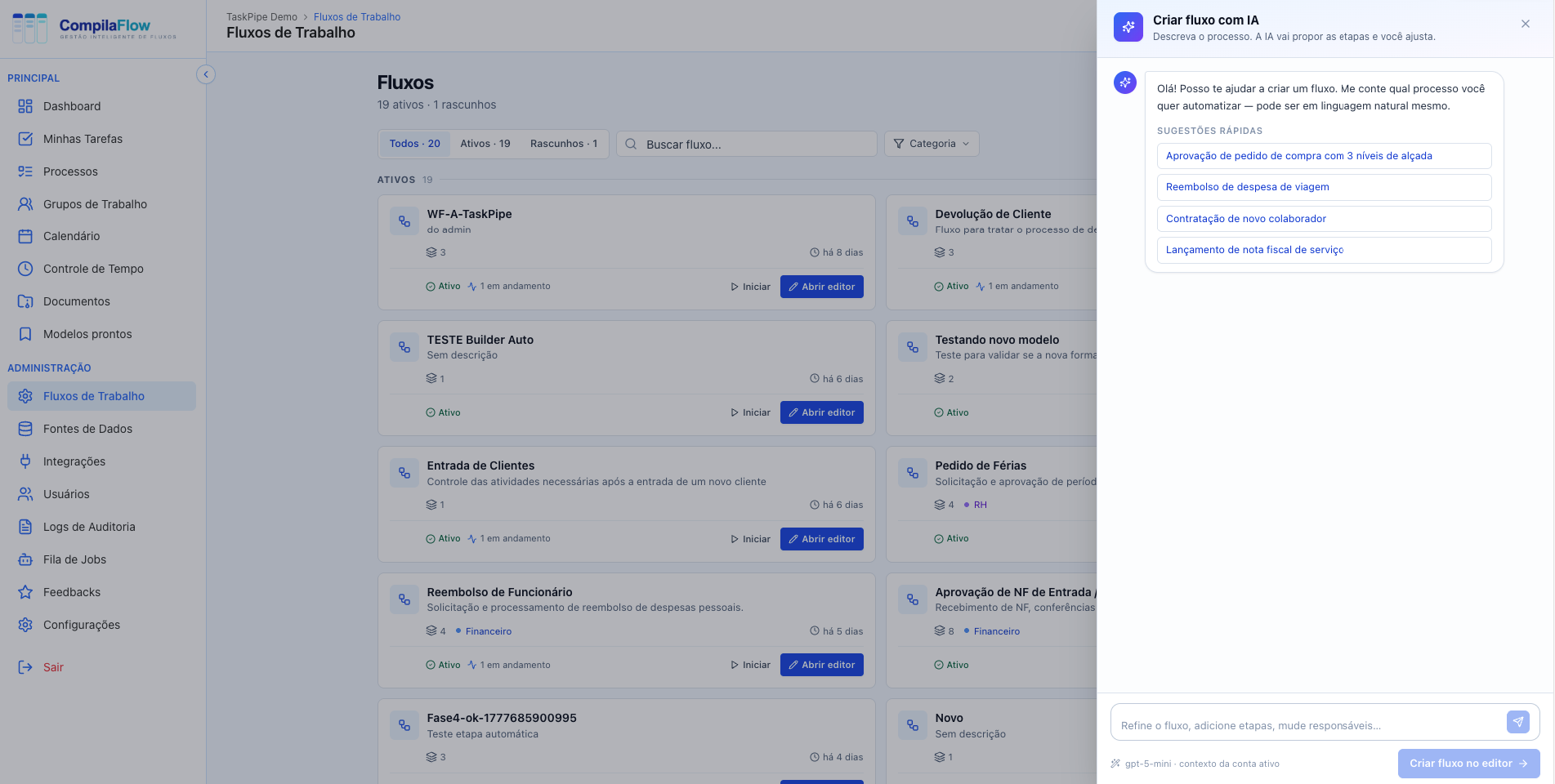 Criação de fluxo com IA no CompilaFlow
