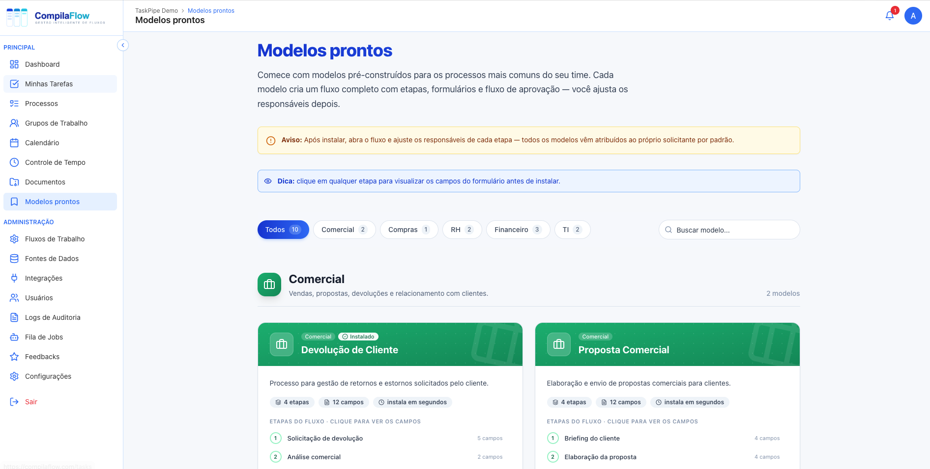 Modelos prontos de processos comerciais, RH e financeiro